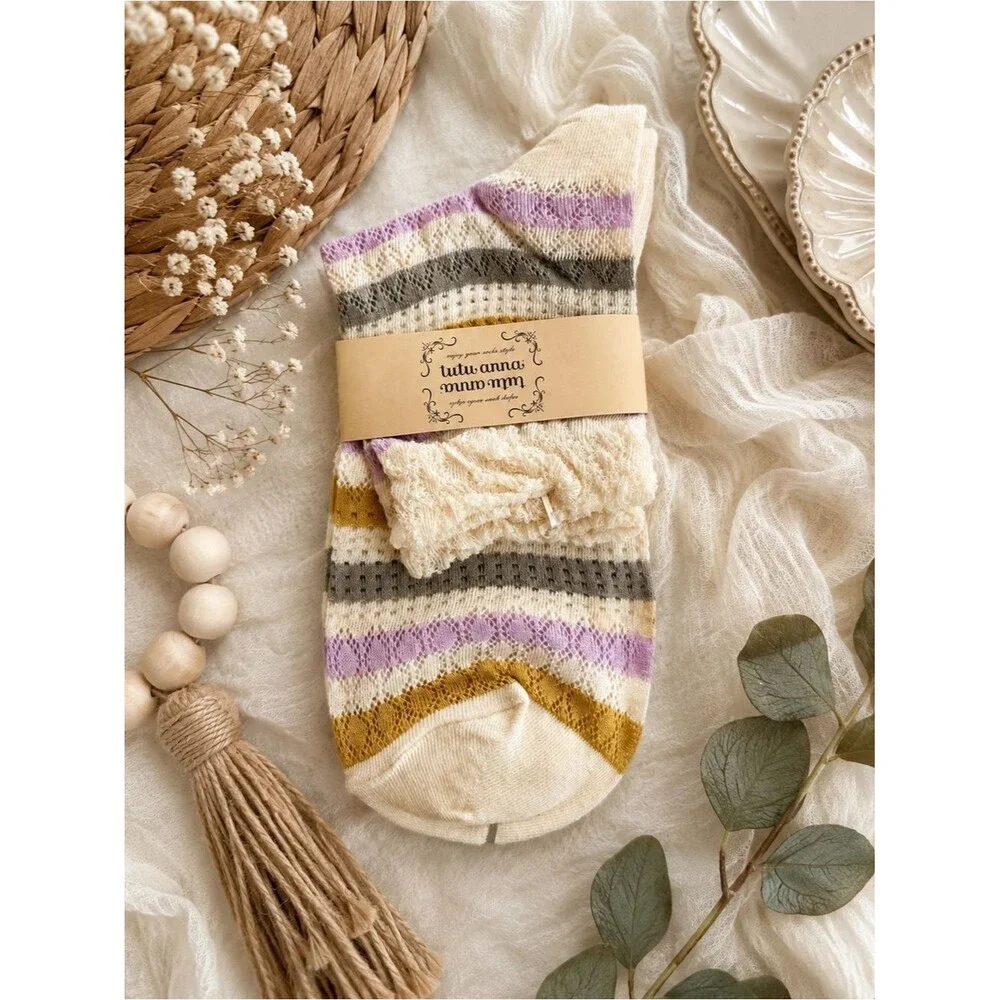 Tutuanna Lace Trim Striped Ankle Socks Cream Lavender Mustard Gray NWT